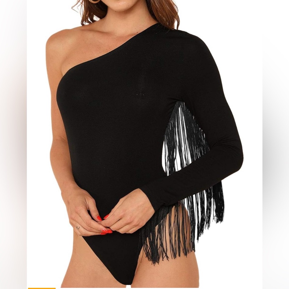 Verdusa Women's Fringe Trim One Shoulder Long Sleeve Bodysuit Top